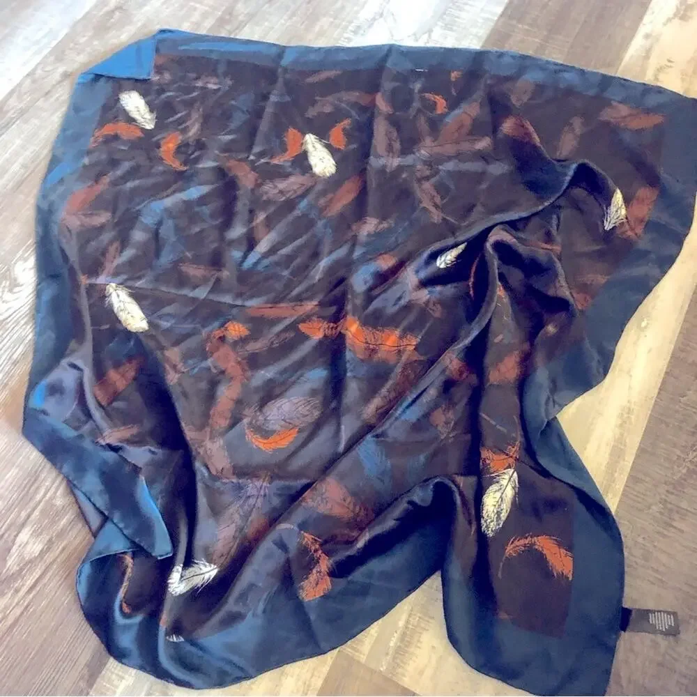 Unbranded silk feather print blue and brown large scarf